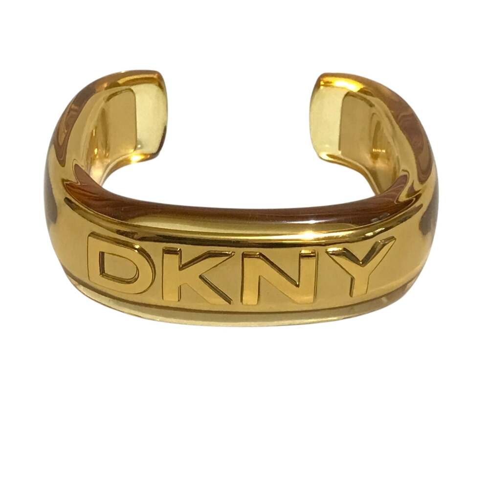 DKNY Vintage Clear Yellow Gold Plastic Over Steel Logo Cuff Braclet Y2K